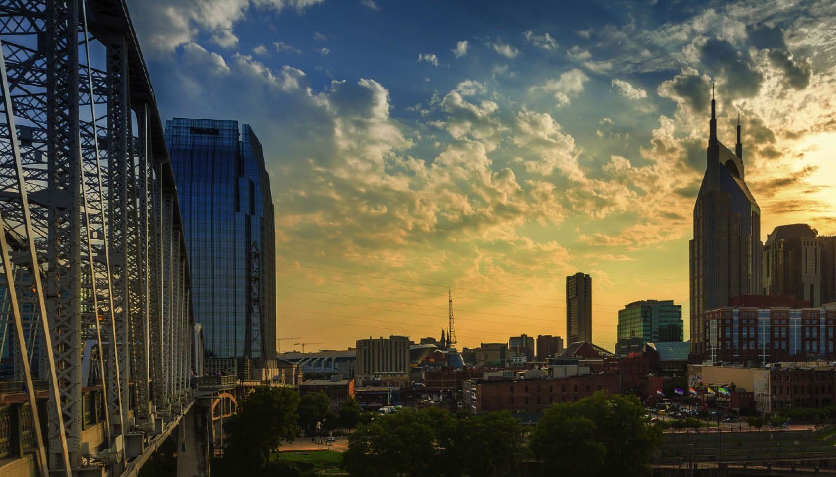 A city skyline in the early evening