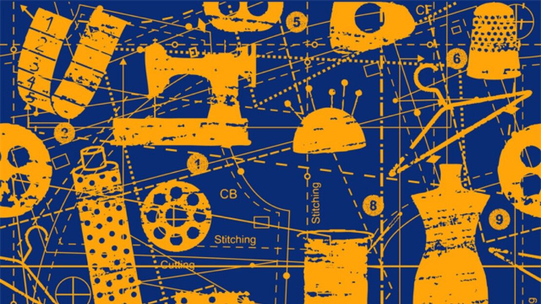 A blue and yellow artistic rendering that includes needles, thread, thimble, and a sewing machine