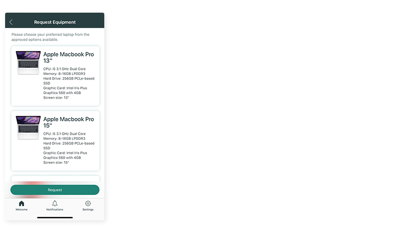 Request equipment straight from mobile onboarding app