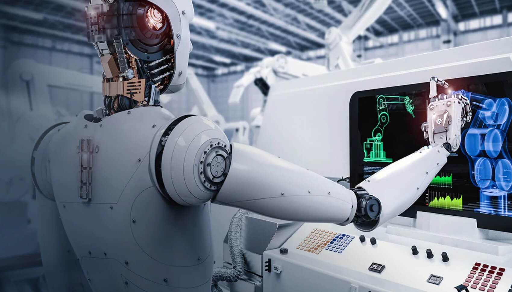 A robot is touching the screen on a high-tech-looking machine