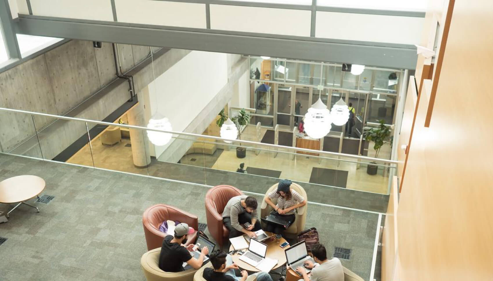 An overhead shot of students in a library
